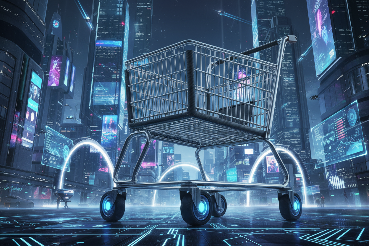 BANA KOCAMAN  ALIŞVERİŞ ARABASI OLUŞTUR AMA ALIŞVERİŞ ARABASININ ARKASI YANİ ARKA PLAN ÇOK TEKNOLOJİK DURSUN BİRAZDA KENDİNDEN KATABİLİRSİN 