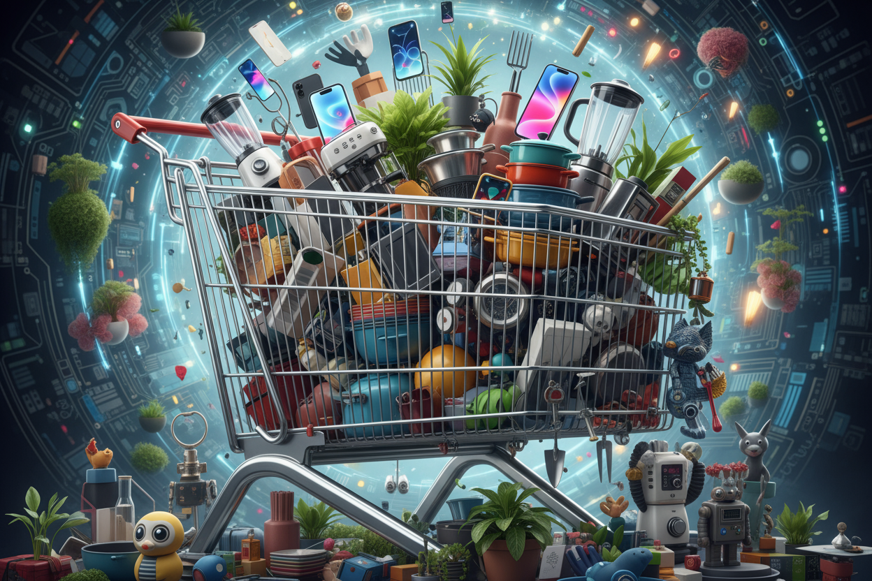 içinde teknolojik aletler mutfak aletleri ev ve bahçe alletleri ve bir kaç tane fügür eklemeni istiyorum 